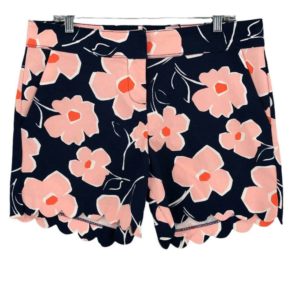 Isaac Mizrahi Shorts Womens 12 Blue Pink Floral Chino High Rise Scalloped Hem